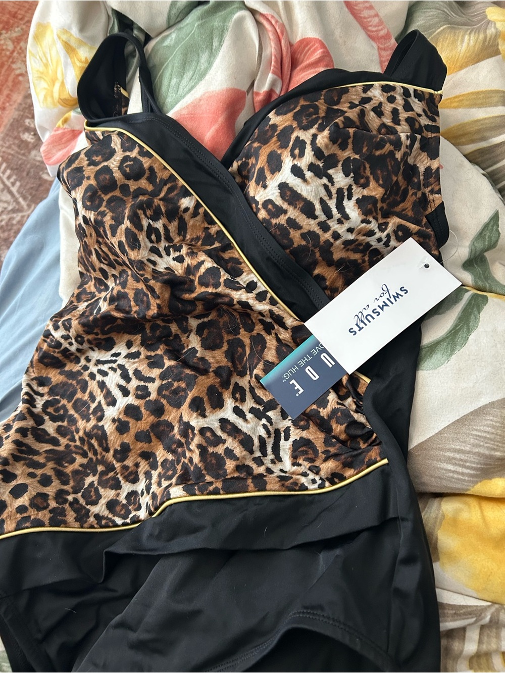 NWT LONGITUDE Leopard Print One-Piece Swimsuit with Black and Gold Trim, Ruched